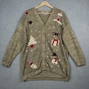 Vintage Richard Sport Sweater Womens L Gold Metallic Cardigan Christmas Holiday